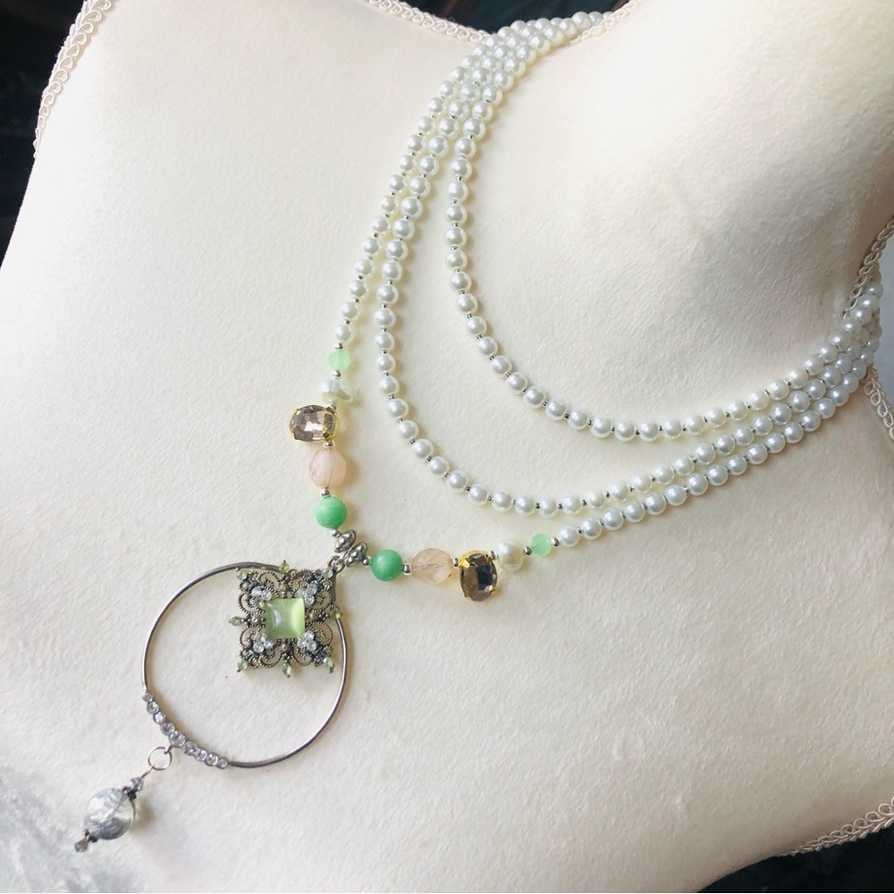 Handcrafted repurpose moon glow amulet Czech glass Pearl fancy toggle necklace